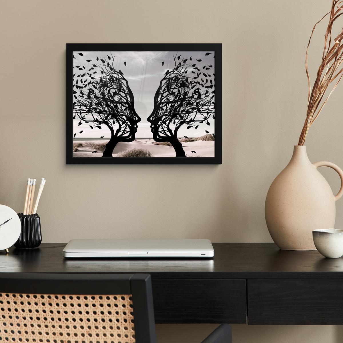 POSTER MIT RAHMENGERAHMTES BILD Strand - Meer - Menschen - Baum - Moderne Kunst 40x30 cm - Hellgrau, Papier (40/30cm) - MuchoWow