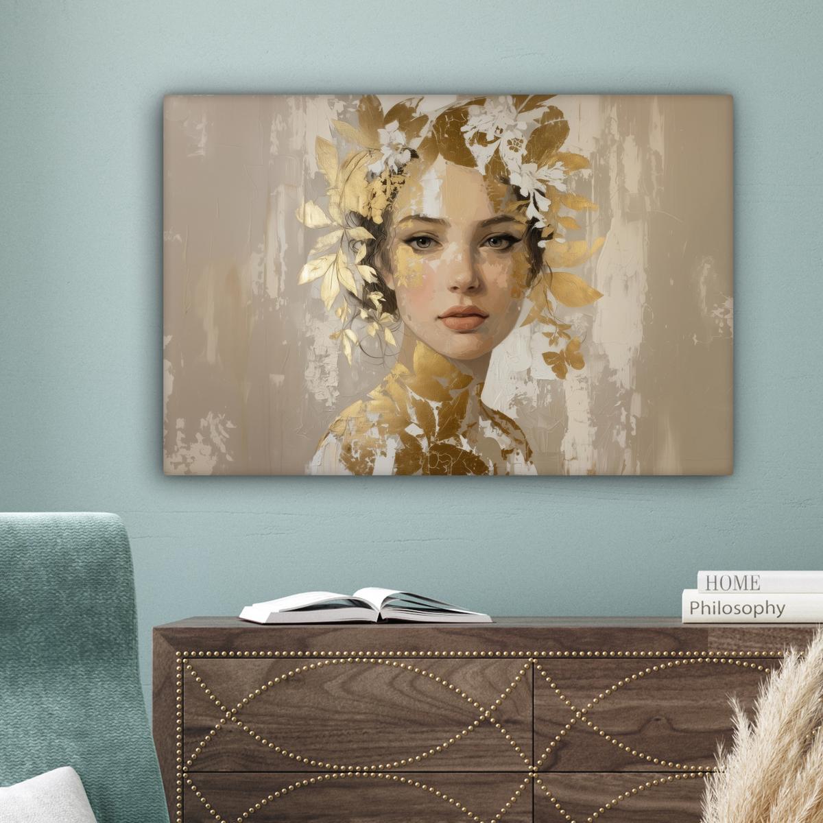 LEINWANDBILD Gesicht - Frau - Blätter - Gold Gemälde 60x40 cm - Beige, Textil (60/40cm) - MuchoWow