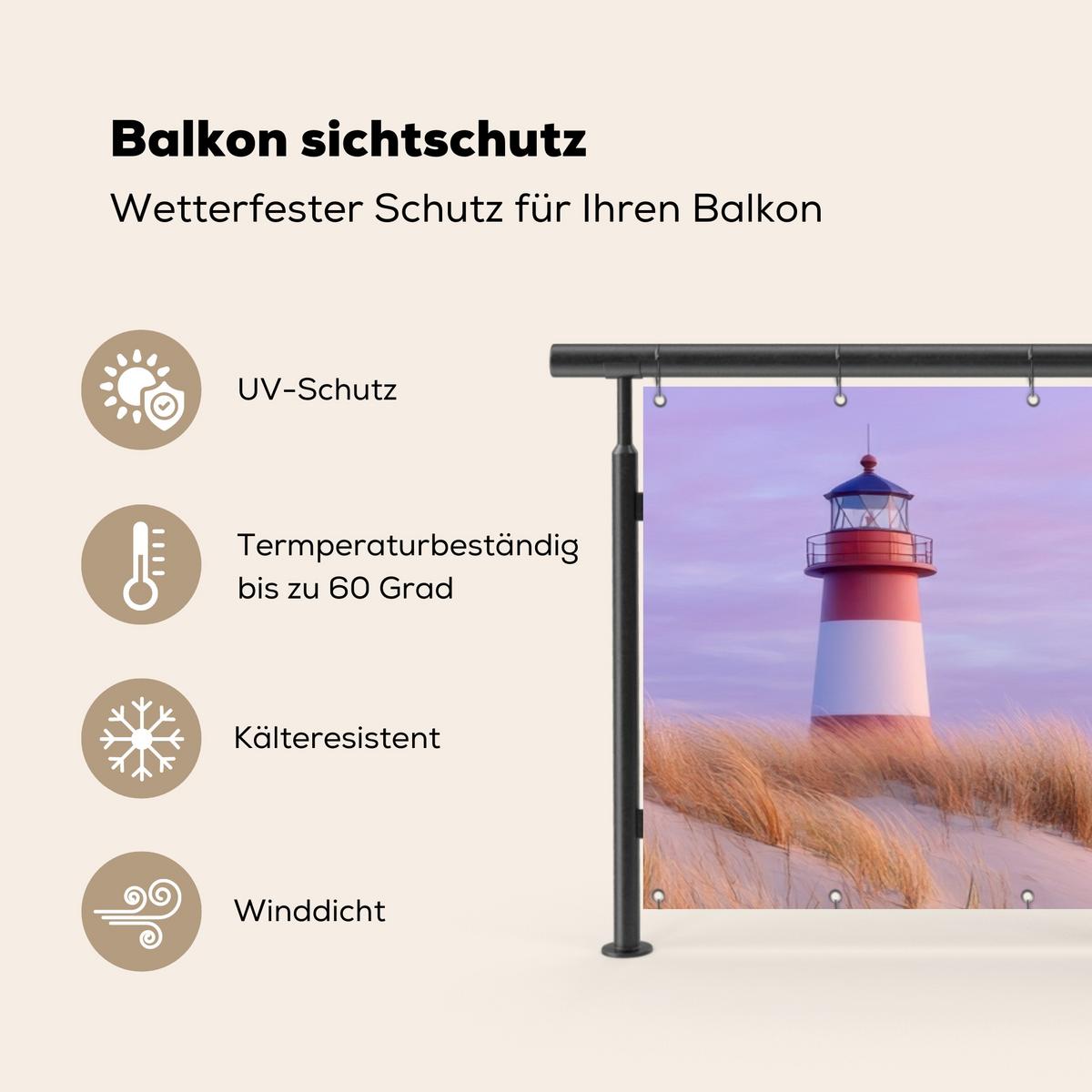 BALKON-SICHTSCHUTZ Leuchtturm - Dünen - Sonnenuntergang Windschutz 300x90 cm - Hellrosa, Kunststoff (300/90cm) - MuchoWow