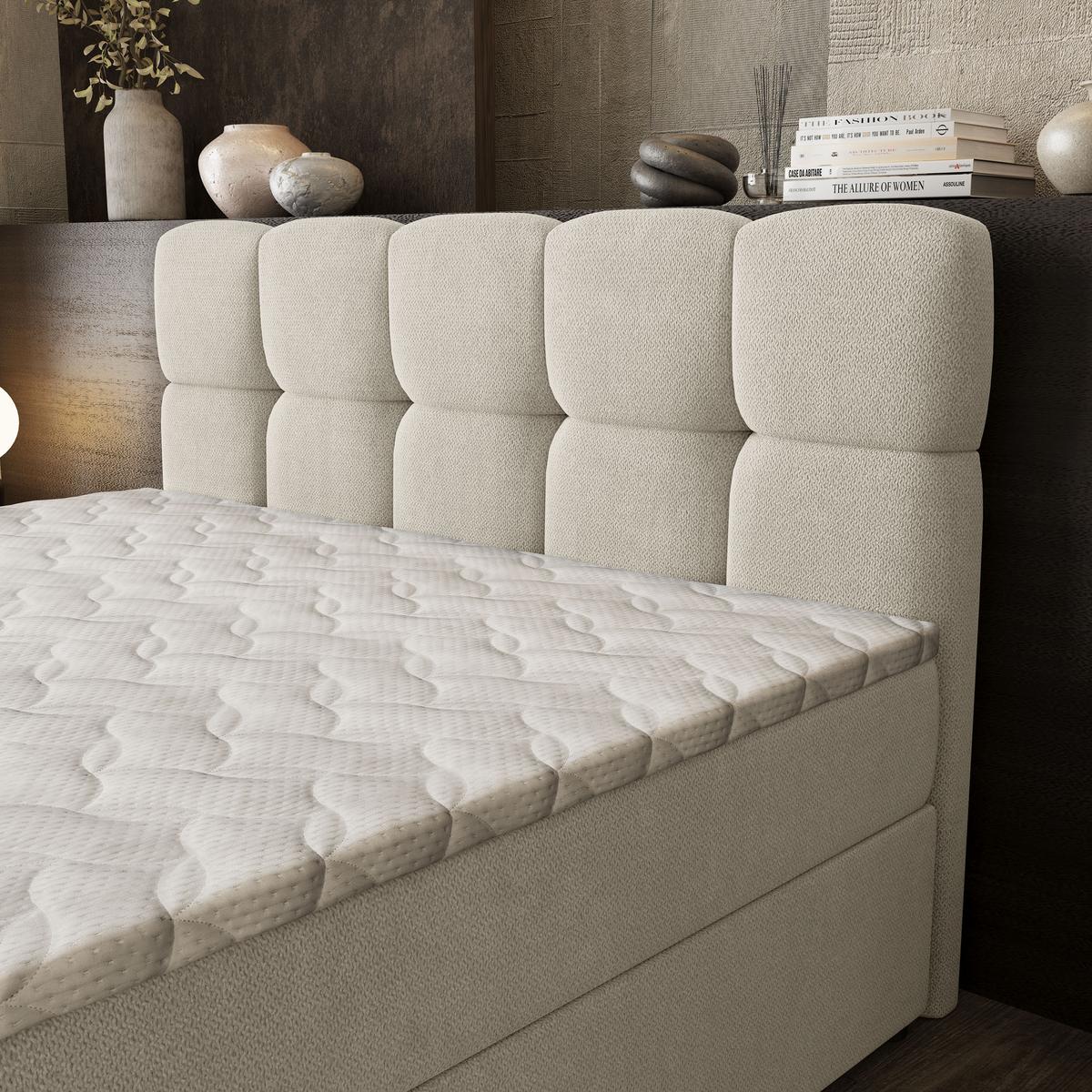 BOXBETT BRUME 200x200 cm mit Matratze und Topper, H2+H3 - Creme - Creme, Holz (200/200cm) - MASSENO