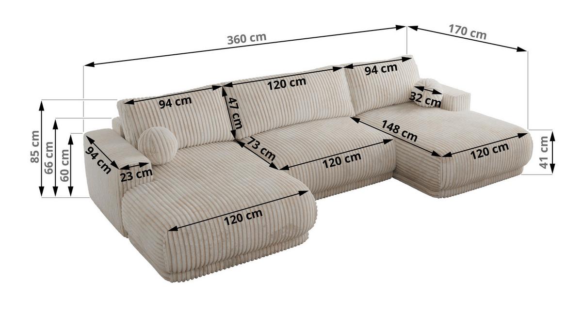 WOHNLANDSCHAFT RINA U Beige Cord - Beige/Schwarz, Kunststoff/Textil (360/85/170cm) - MKS