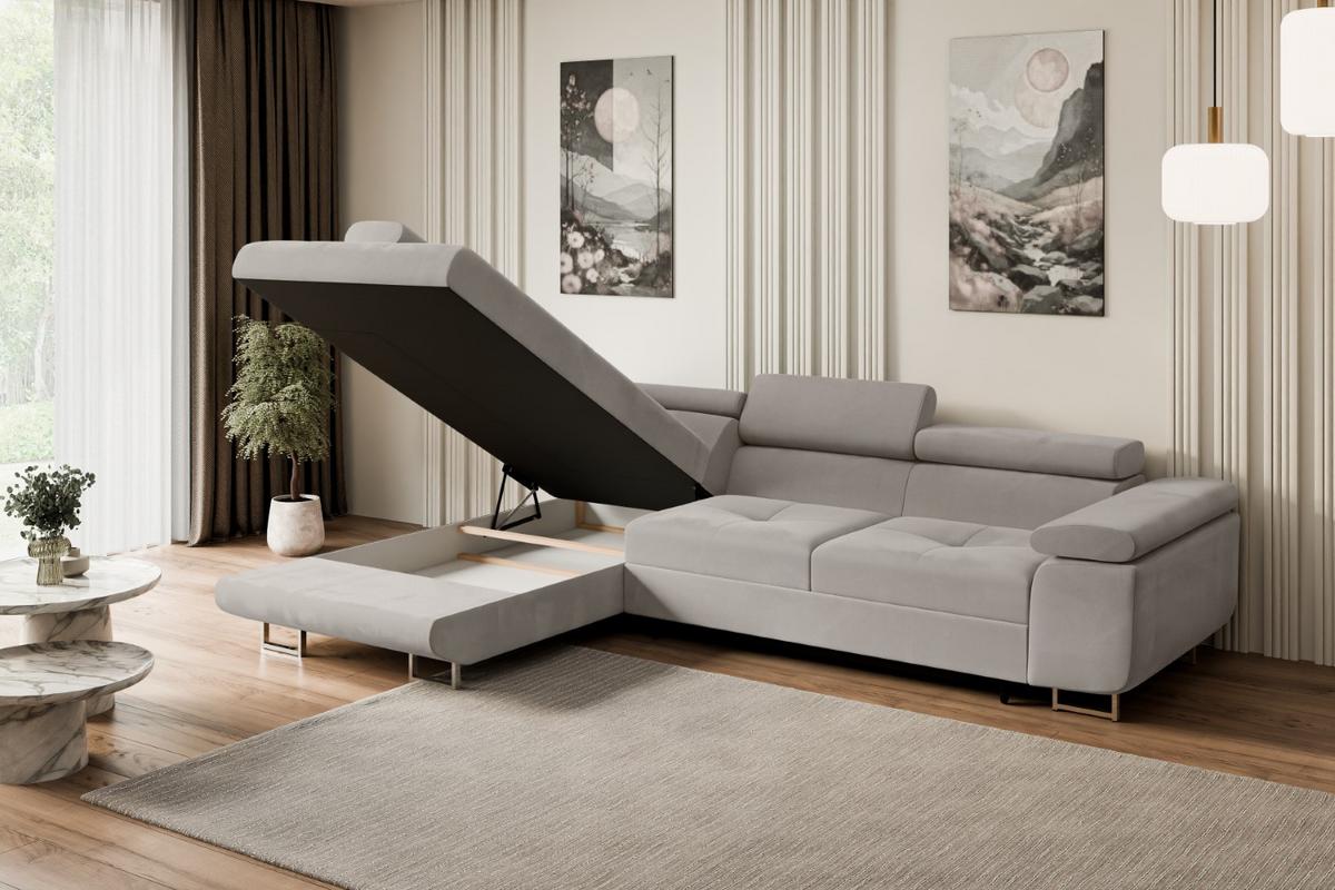ECKSOFA mit Schlaffunktion und Bettkasten GUSA-L 272x202x107 cm Hellbraun Velours - Hellbraun/Silberfarben, Holzwerkstoff/Textil (202/272cm) - ALTDECOR