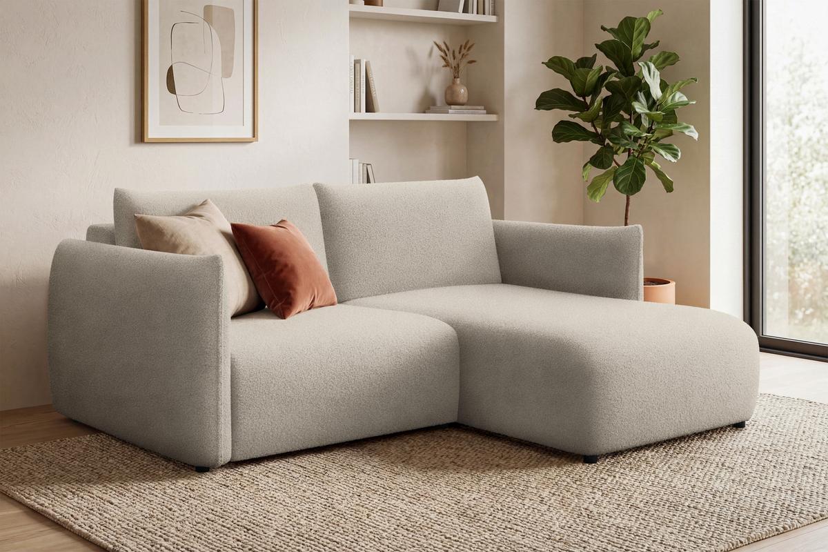 ECKSOFA TAUER 3-Sitzer RECHTS, Bouclé-Stoff beige - Beige/Schwarz, Holz/Textil (206/173cm) - Courtois Laville