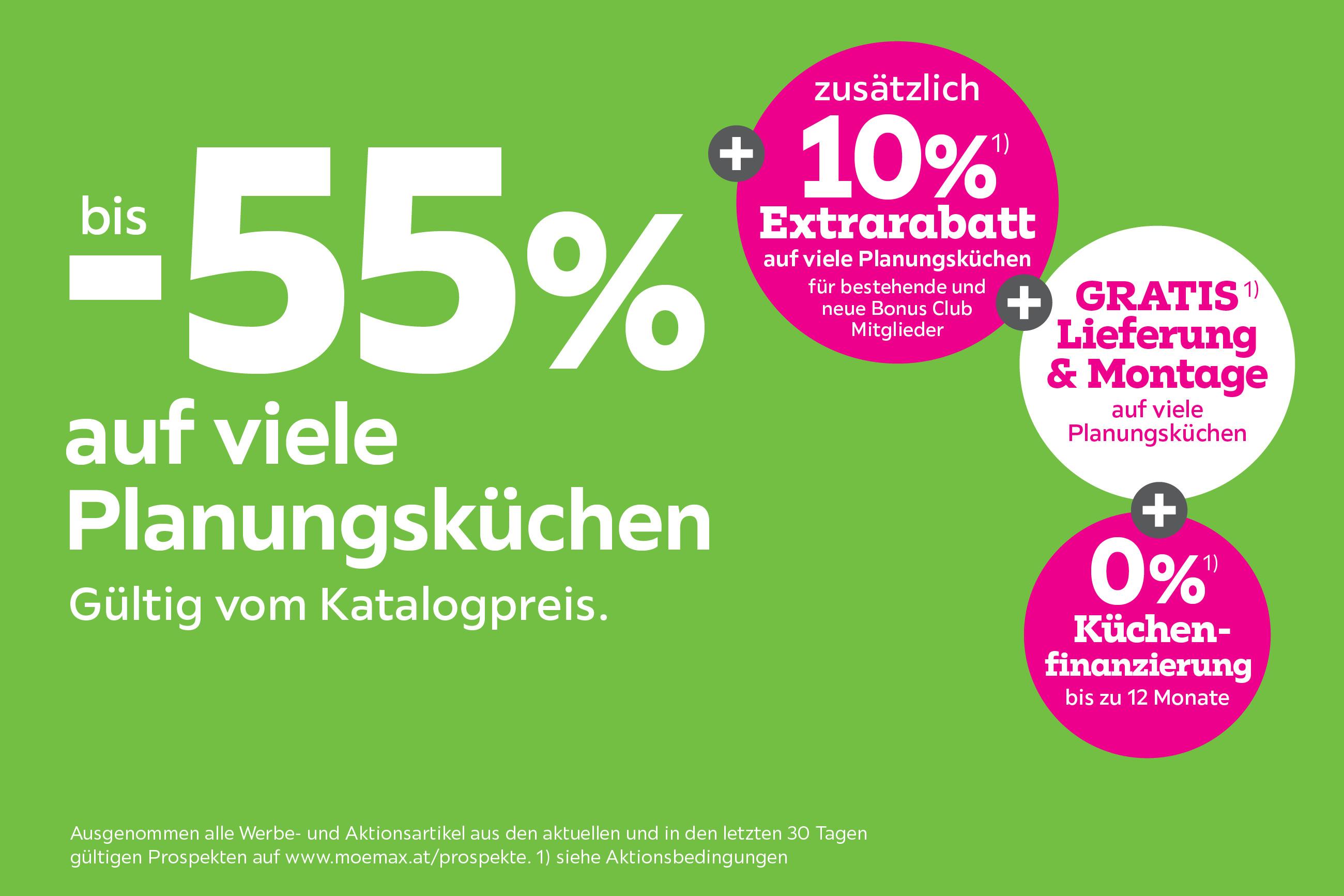 bis -55% auf viele Planungsküchen + 10% Extrarabatt für bestehende und neue Bonus Club Mitglieder + Gratis Lieferung und Montage bei Kauf auf viele Planungsküchen
