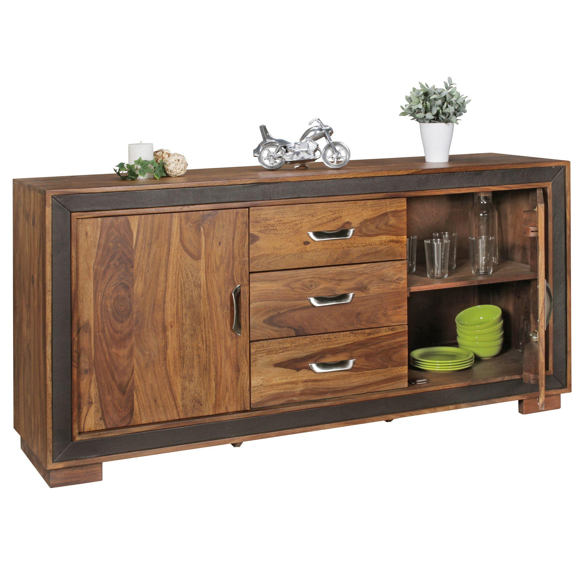 SIDEBOARD – Massivholz mit Kunstleder, 160x44x80 cm, rustikal, mit Türen und Schubladen - Dunkelbraun/Braun, Holz/Textil (160/80/44cm) - KADIMA DESIGN