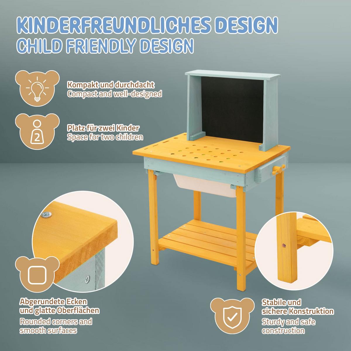 WERKBANK KINDER HOLZ ‎101x37x81 cm ‎Gelb-Türkis - Gelb, Holz/Kunststoff (101/81/37cm) - Joyz