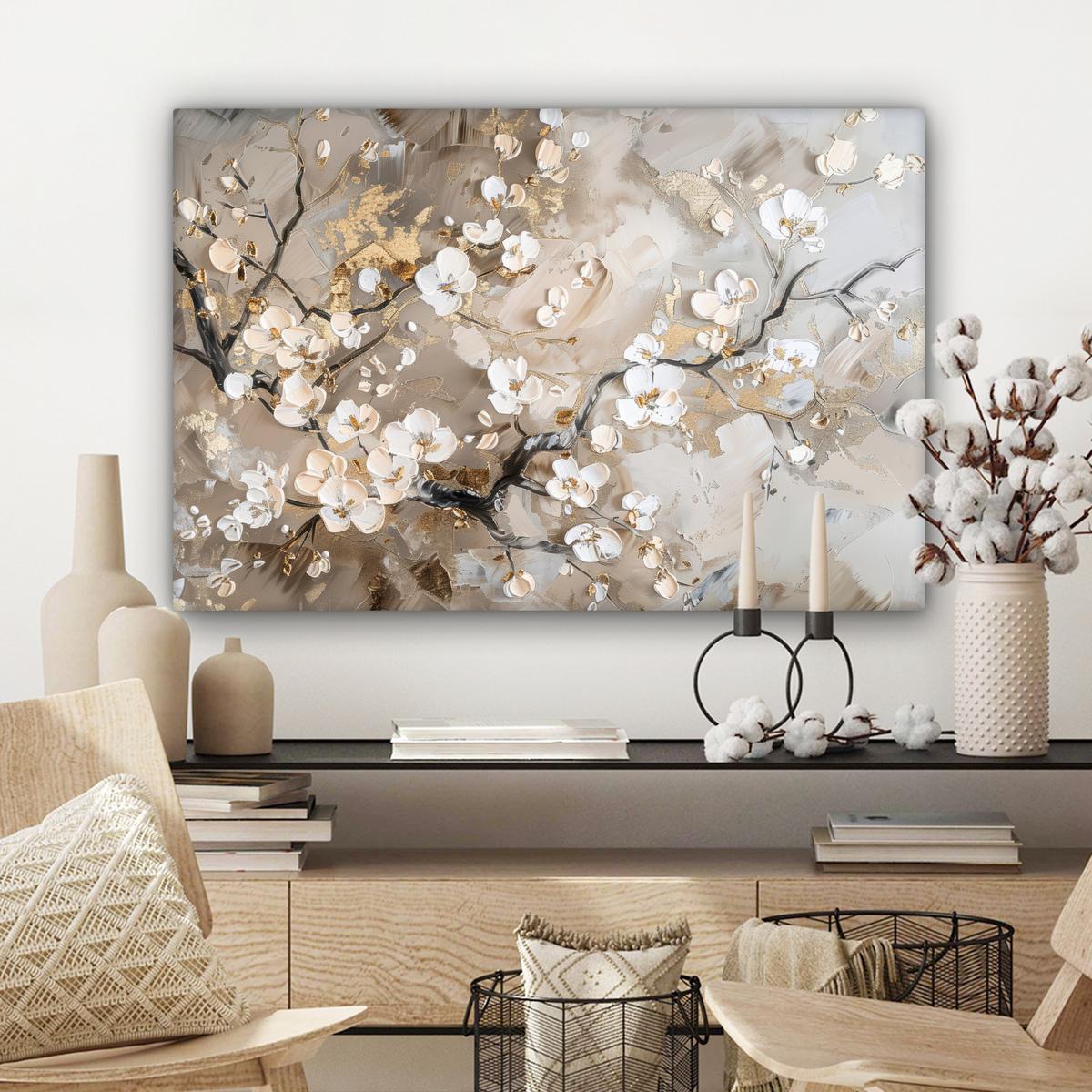 LEINWANDBILD Blumen - Weiß - Gold - Beige - Luxus Gemälde 60x40 cm - Greige, Textil (60/40cm) - MuchoWow