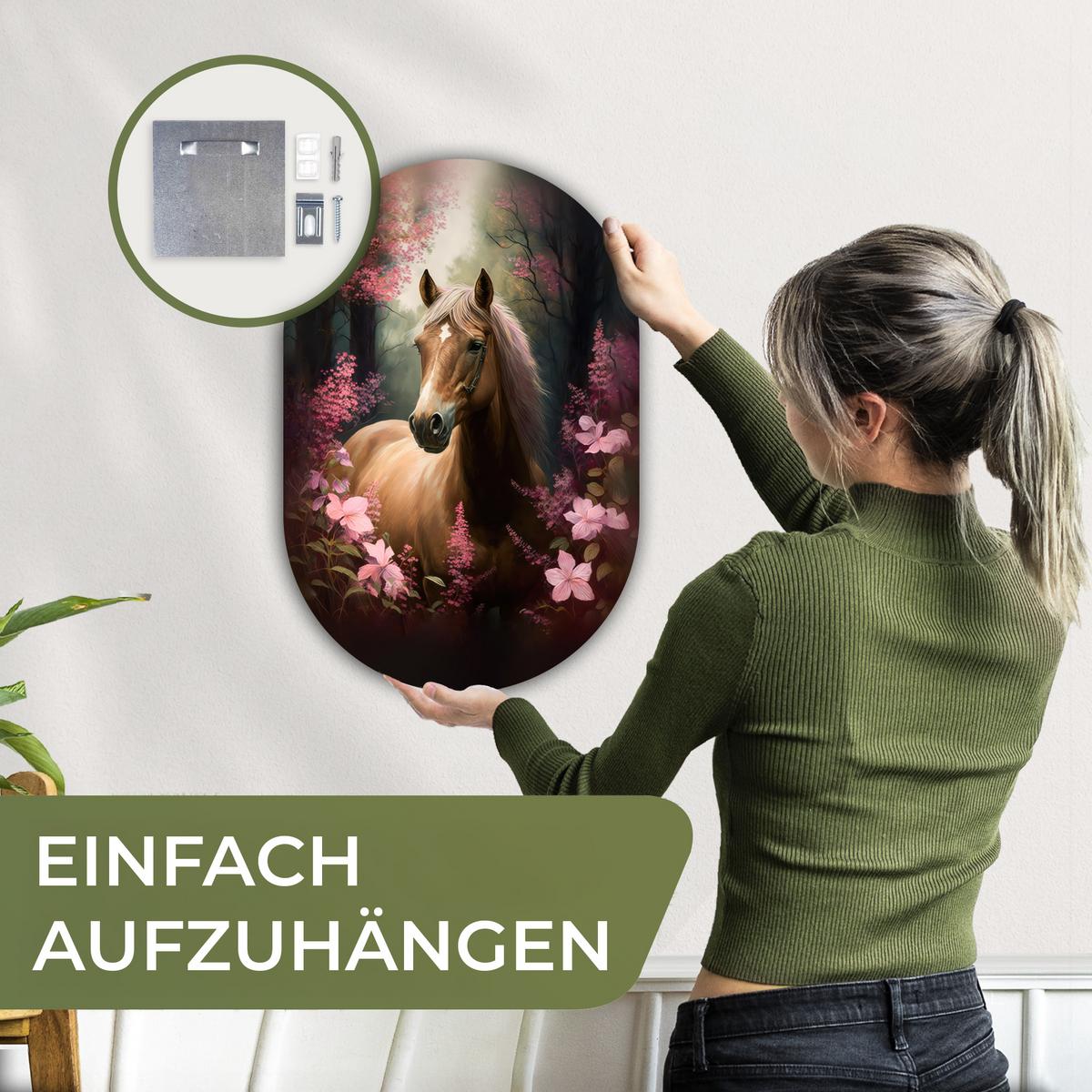 WANDBILD Pferd - Blumen - Rosa - Natur - Wald Deko Wohnzimmer 40x60 cm - Altrosa, Kunststoff (40/60cm) - MuchoWow