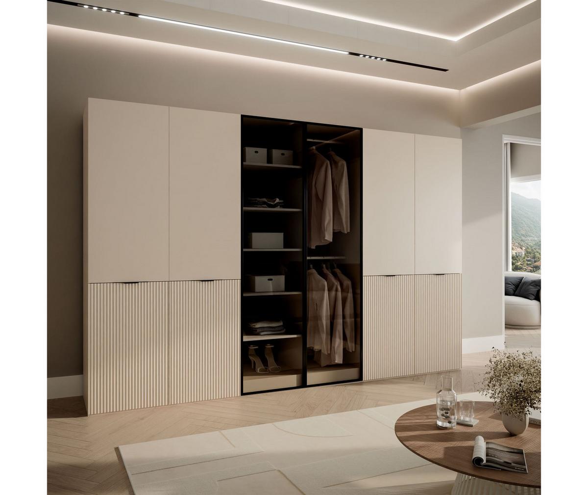 KLEIDERSCHRANK SANDBOX KASHMIR 300 303/49/200 cm Kaschmir / Kaschmir + schwarzes Glas ohne LED 12 Zusatzböden - Kaschmir/Schwarz, Holzwerkstoff/Kunststoff (303/200/49cm) - Lookway