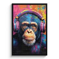 POSTER MIT RAHMENGERAHMTES BILD Graffiti - Schimpanse - Straßenkunst - Kopfhörer - Affe 60x90 cm - Blau, Papier (60/90cm) - MuchoWow