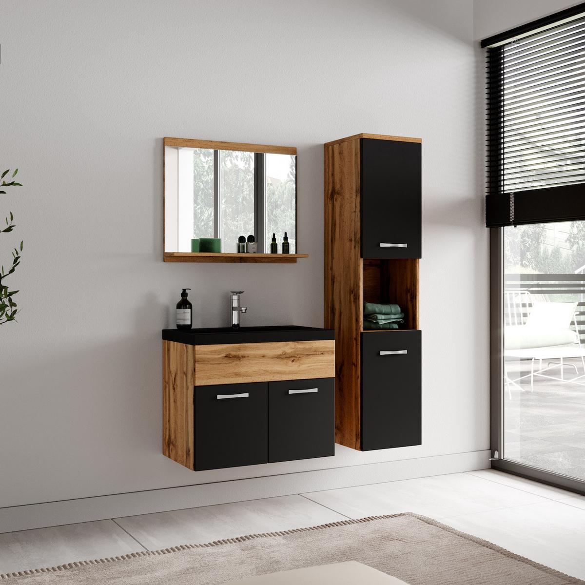 BADMÖBEL-SET Montreal 4 Teile Eiche / Schwarz - 60 x 35 x 51 cm - Eichefarben/Schwarz, Holz (60/51/35cm) - Badplaats