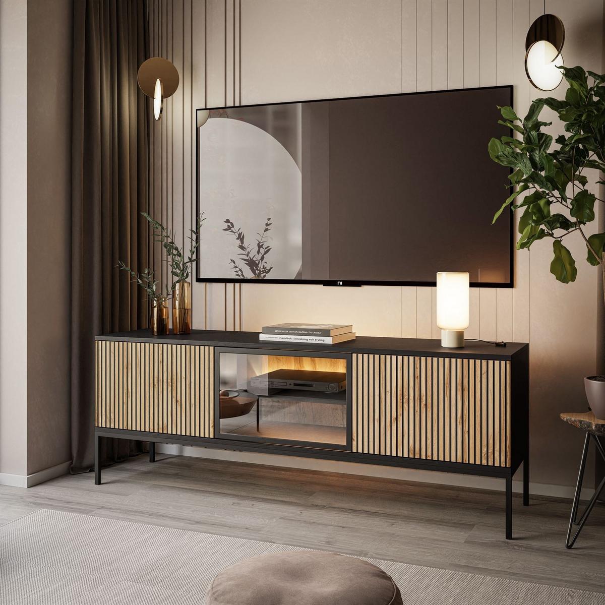 TV-ELEMENT ECLIPSE RTV154 mit Beleuchtung,Schwarz Eiche Wotan - Eiche Wotan, Holzwerkstoff (154/56/39cm) - Lookway