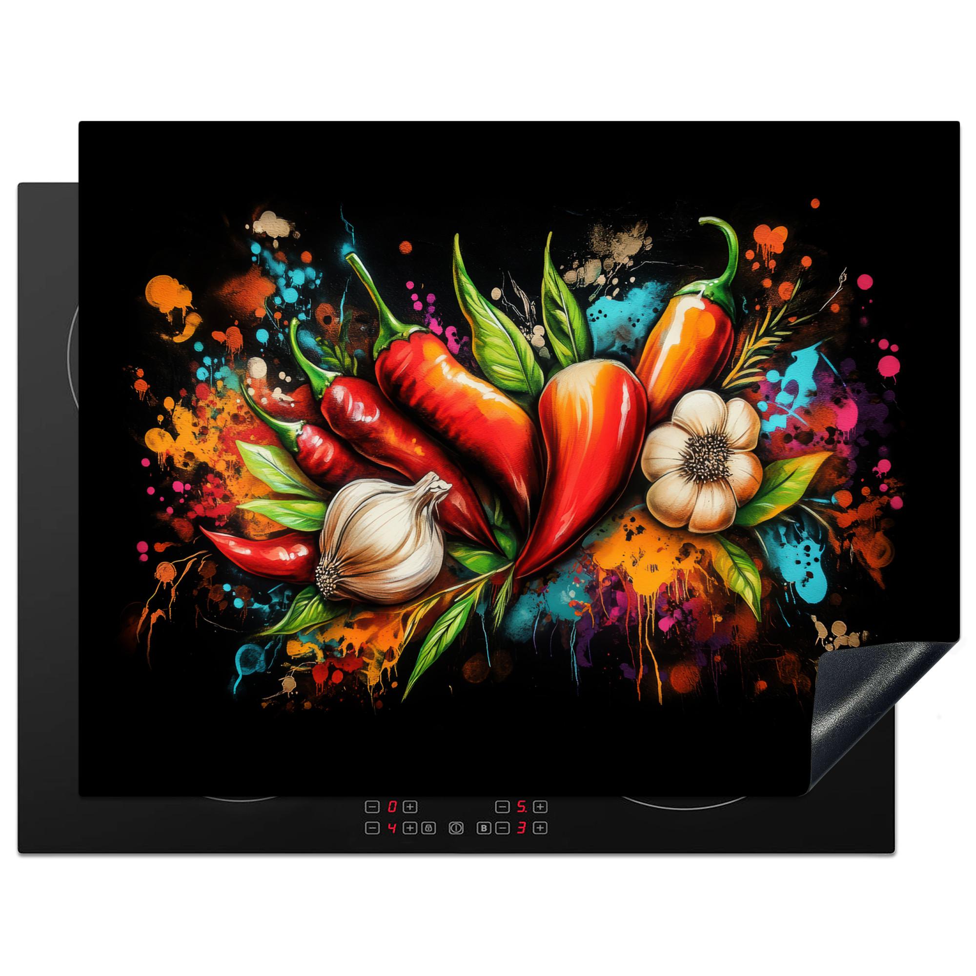 HERDABDECKPLATTE Gemüse - Paprika - Knoblauch - Graffiti - Farbe - Bunt Induktionsmatte 77x59 cm - Rot, Kunststoff (77/59/0.2cm) - MuchoWow