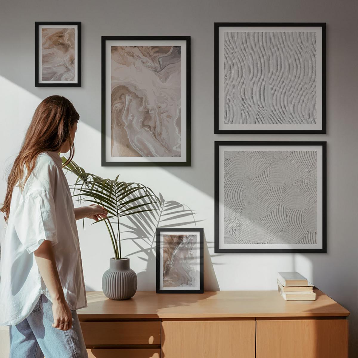 BILDER SET 5er Set - 50x50 cm & 20x30 cm & 40x60 cm Schwarzer Rahmen - Abstrakte Marmormuster aus Stein - Schwarz, Kunststoff (40/60cm) - TULUP