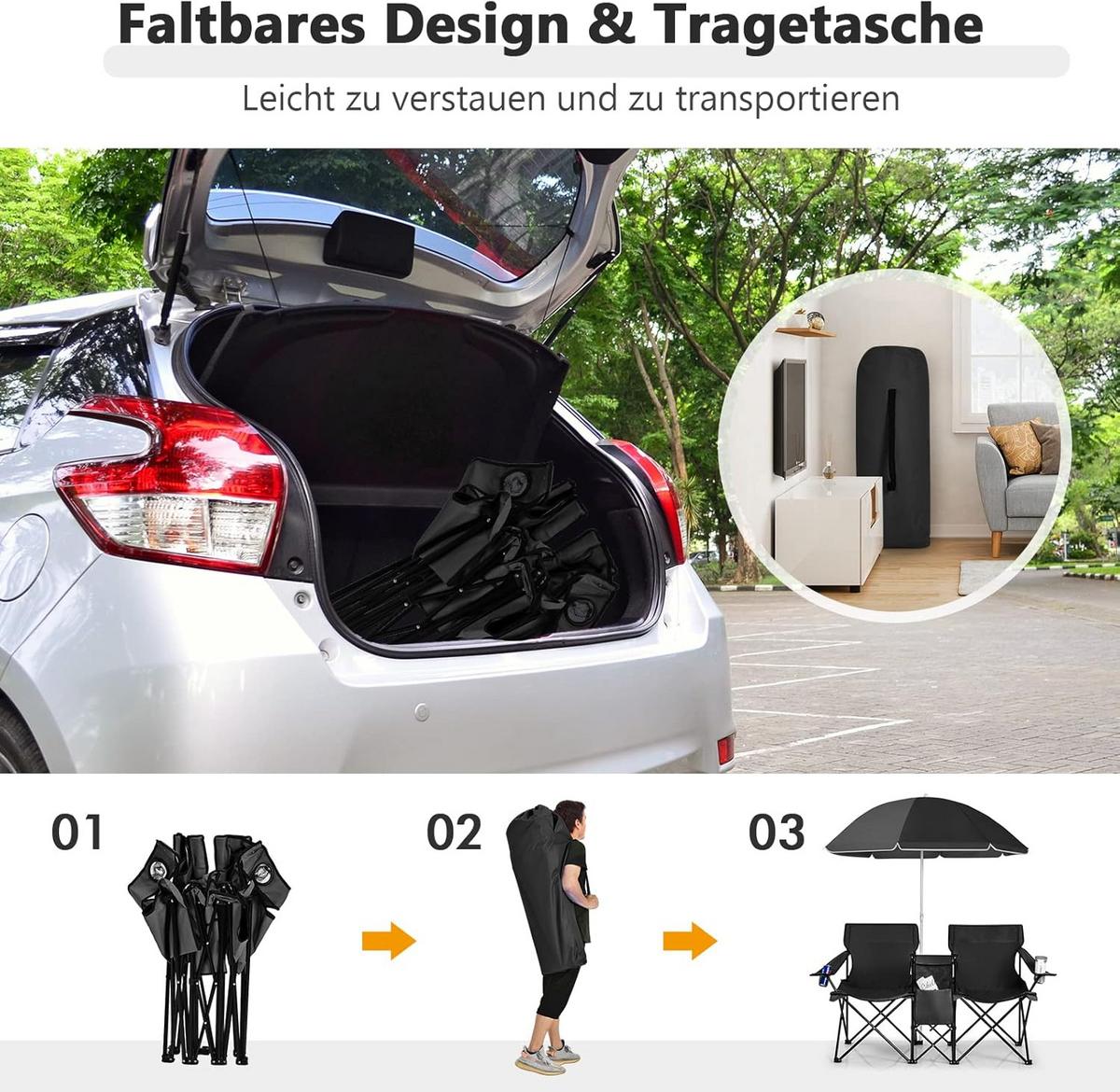 CAMPINGSTUHL Schwarz(2er-Set) - Schwarz, Metall (160/85/55cm) - COSTWAY