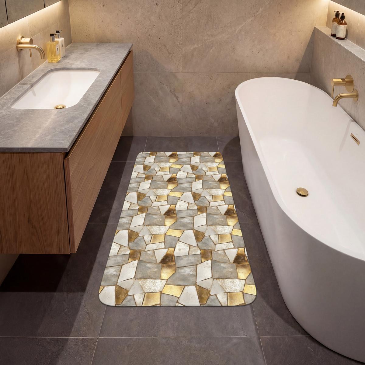BADEMATTE Mosaik - Marmor - Gold 60x120 cm - Champagner, Textil (60/120cm) - OnlyWow