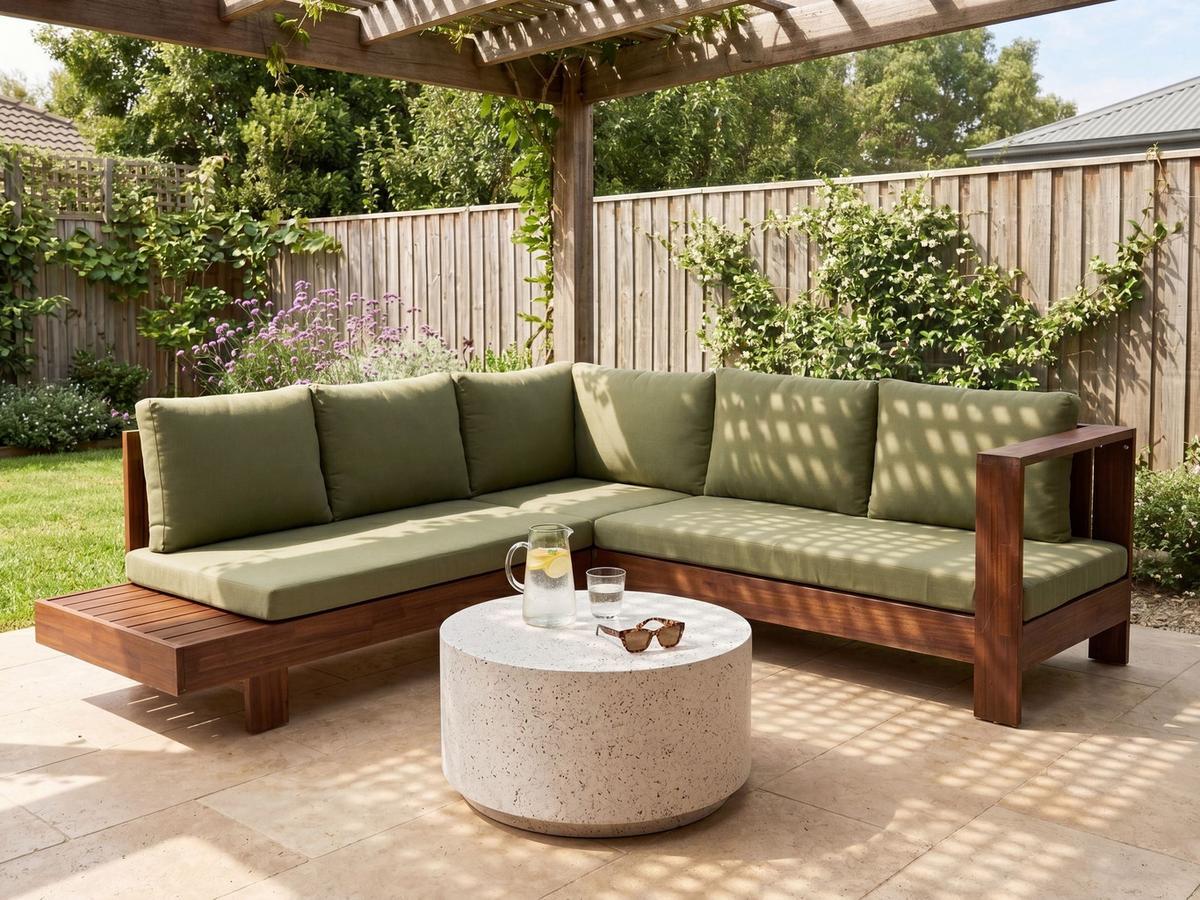 GARTENECKSOFA 5-Sitzer zertifiziertes Akazienholz linksseitig Grün Marettimo - Braun/Grün, Holz (225/64/212cm) - Beliani