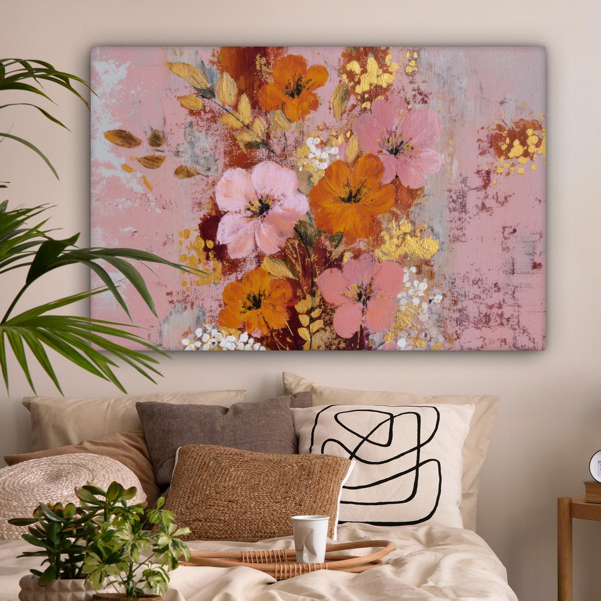 LEINWANDBILD Malerei - Blumen - Rustikal - Rosa Wohnzimmer Groß 120x80 cm - Altrosa, Textil (120/80cm) - MuchoWow