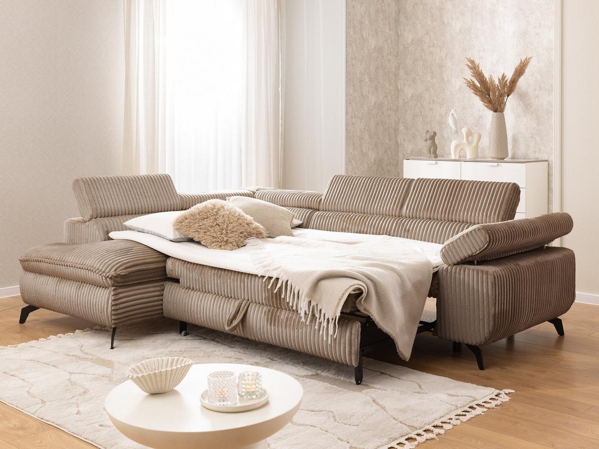 ECKSOFA mit Schlaffunktion und Bettkasten Bonnie aus Beige Cord-Stoff mit verstellbaren Kopfstützen und Armlehne - Ottomane links - Beige/Schwarz, Holz/Textil (275/210cm) - S-Style Möbel