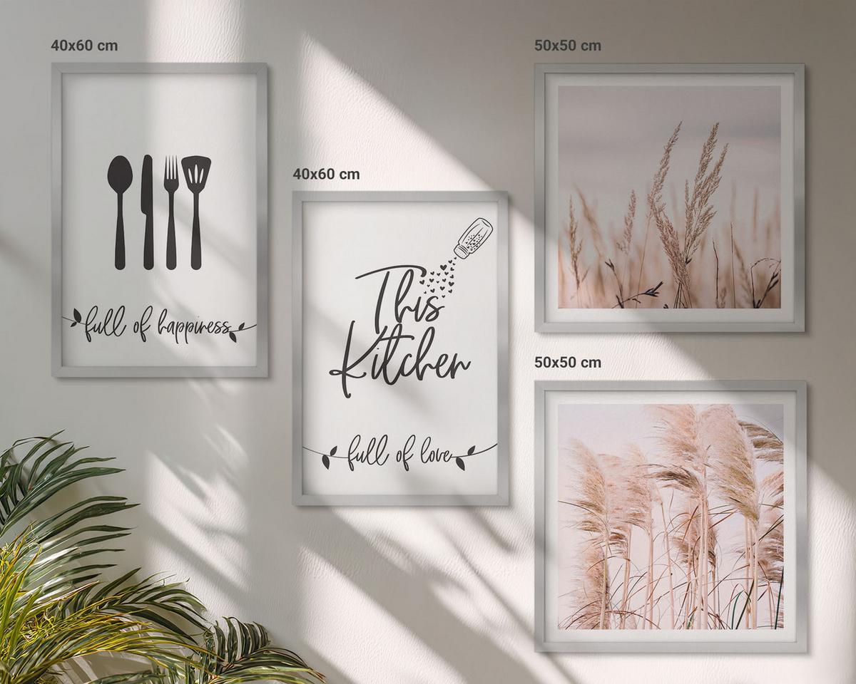 BILDER SET 4er Set - 50x50 cm & 40x60 cm Silberner Rahmen - Boho-Küchengras-Schriftzug - Silberfarben, Kunststoff (50/50cm) - TULUP