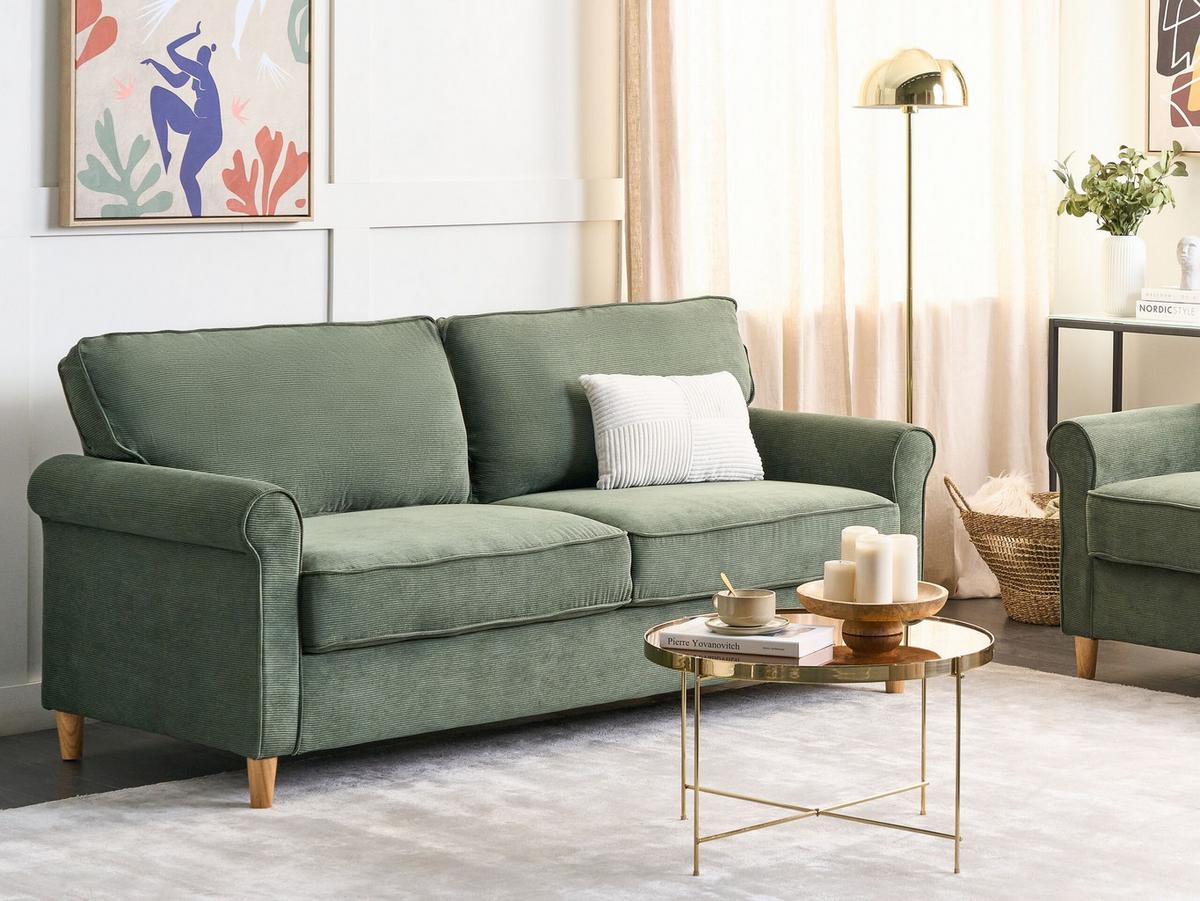3-SITZER-SOFA Cord dunkelgrün Ronneby - Hellbraun/Grün, Textil (190/88/78cm) - Beliani