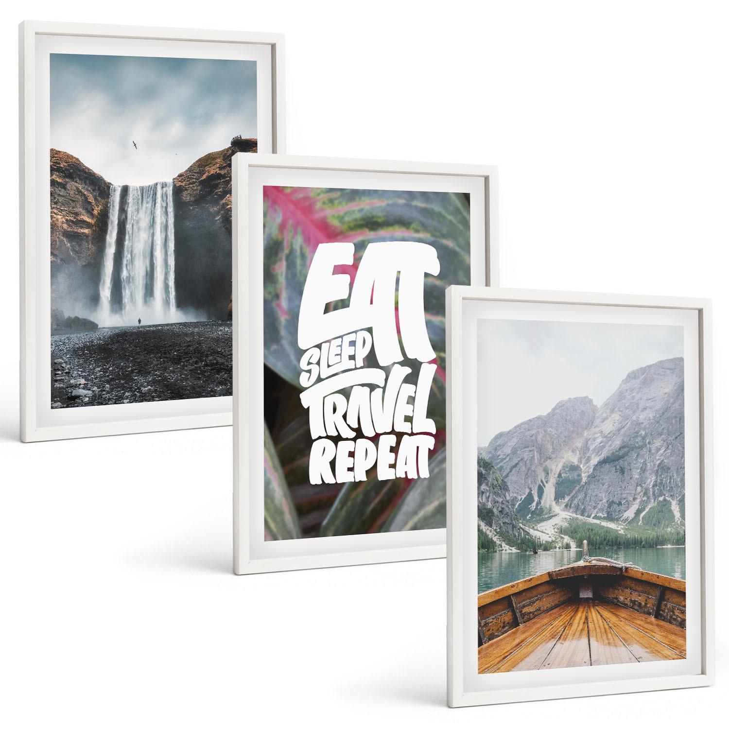 BILDER SET 3er Set - 40x60 cm Weißer Rahmen - Wasserfall Berge Natur Boot - Weiß, Kunststoff (40/60cm) - TULUP