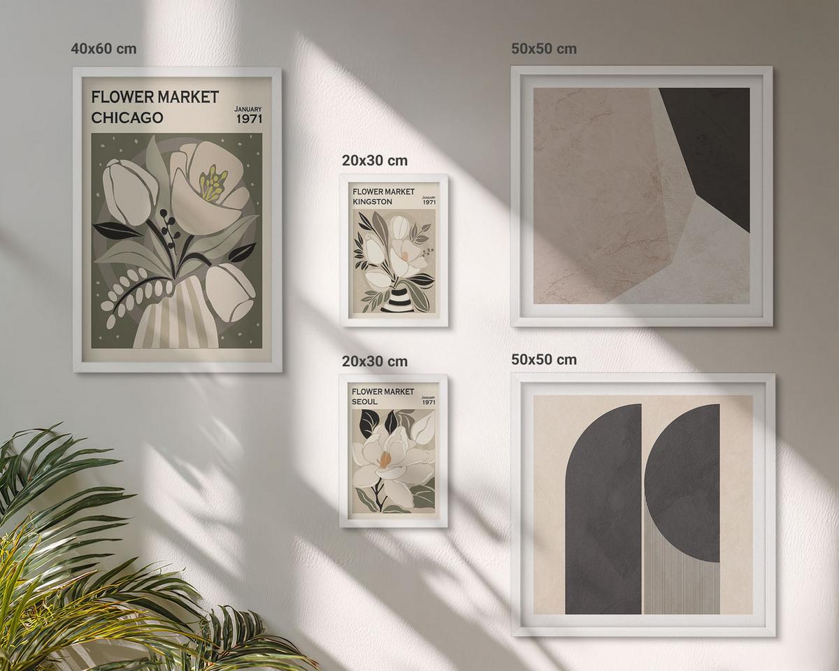 BILDER SET 5er Set - 50x50 cm & 20x30 cm & 40x60 cm Weißer Rahmen - Kingston Seoul Retro-Blumen - Weiß, Kunststoff (40/60cm) - TULUP