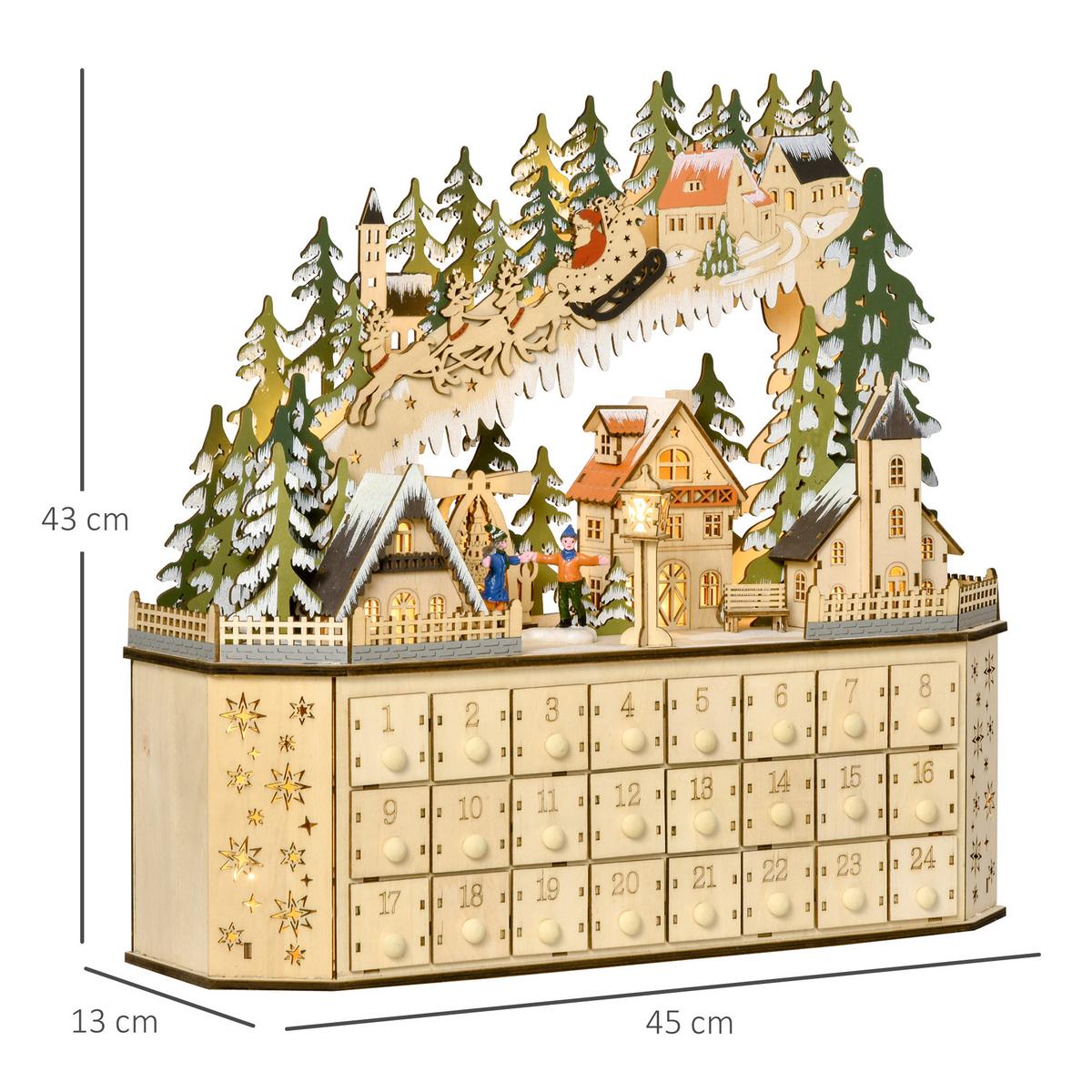 ADVENTSKALENDER Weihnachtskalender 24 Schubladen mit LED-Lichtern MDF Naturholz - Naturfarben, Kunststoff (13/43/45cm) - HOMCOM