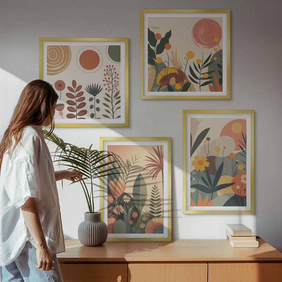 BILDER SET 4er Set - 50x50 cm & 40x60 cm Goldrahmen - Boho-Pflanzenmuster - Goldfarben, Kunststoff (50/50cm) - TULUP