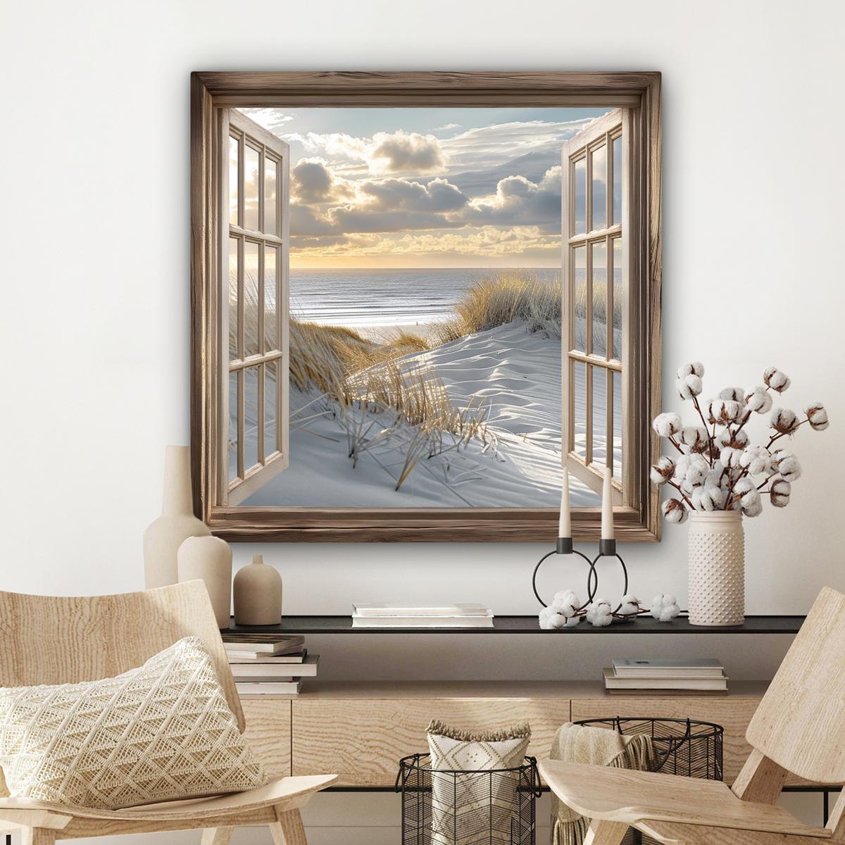 LEINWANDBILD Ausblick - Strand - Dünen - Meer - Natur Deko Groß 90x90 cm - Sandfarben, Textil (90/90cm) - MuchoWow