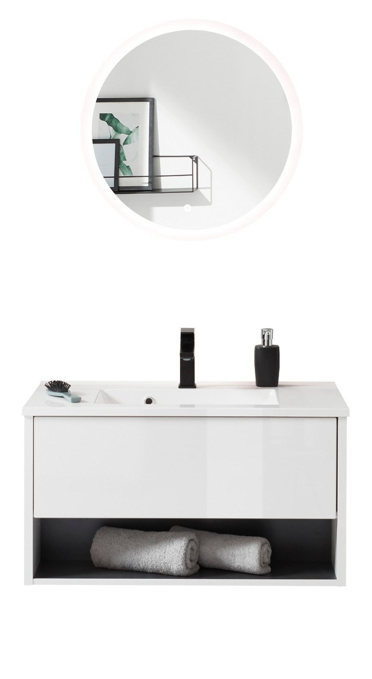 BADMÖBEL-SET weiß Hochglanz, grau, Kombination mit Waschbecken und LED Beleuchtung 80 cm - Weiß Hochglanz/Grau, Glas/Holzwerkstoff (80/190/47cm) - Furn.Design