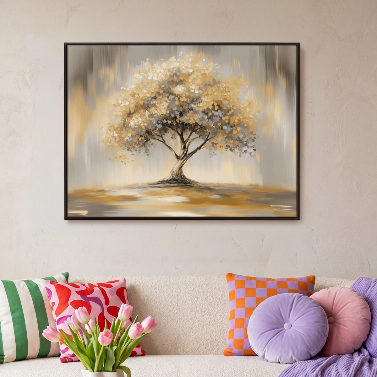 LEINWAND Bilder mit Rahmen - Gemälde - Baum - Abstrakt - Blätter - 100x70 - Beige, Textil (100/70cm) - MuchoWow