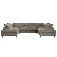 WOHNLANDSCHAFT PABLO U Cord Hellbraun mit Topper Visco - Schwarz/Grau, Textil/Metall (346/76/208cm) - MKS