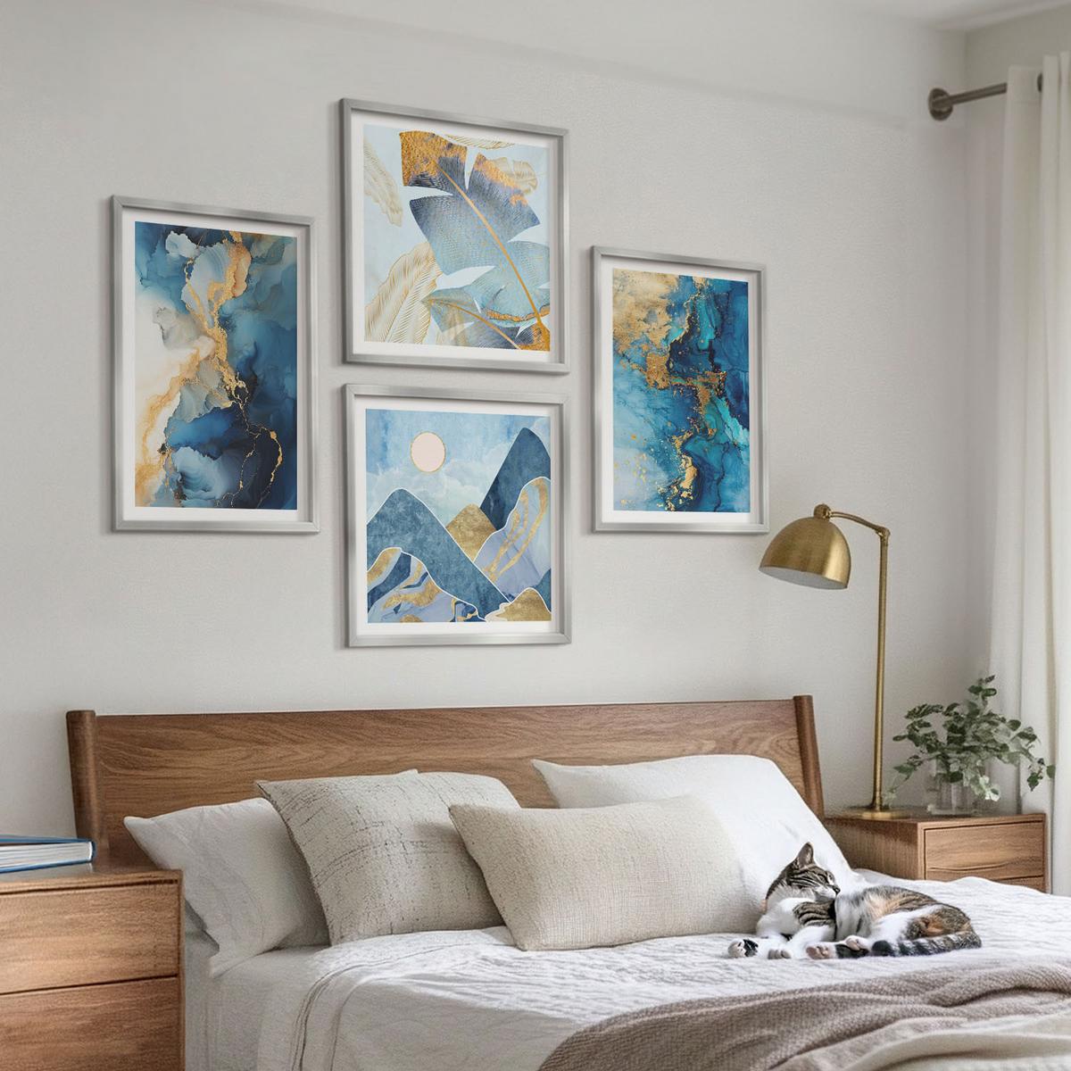 BILDER SET 4er Set - 50x50 cm & 40x60 cm Silberner Rahmen - Goldmuster in den blauen Bergen - Silberfarben, Kunststoff (50/50cm) - TULUP