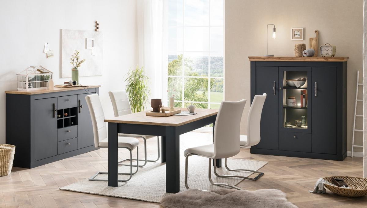 ESSZIMMER-SET 3-teilig grau, Eiche Wotan, Landhaus, Speisezimmer mit Soft-Close - Silberfarben/Eiche Wotan, Glas/Holzwerkstoff (146/169/90cm) - Furn.Design