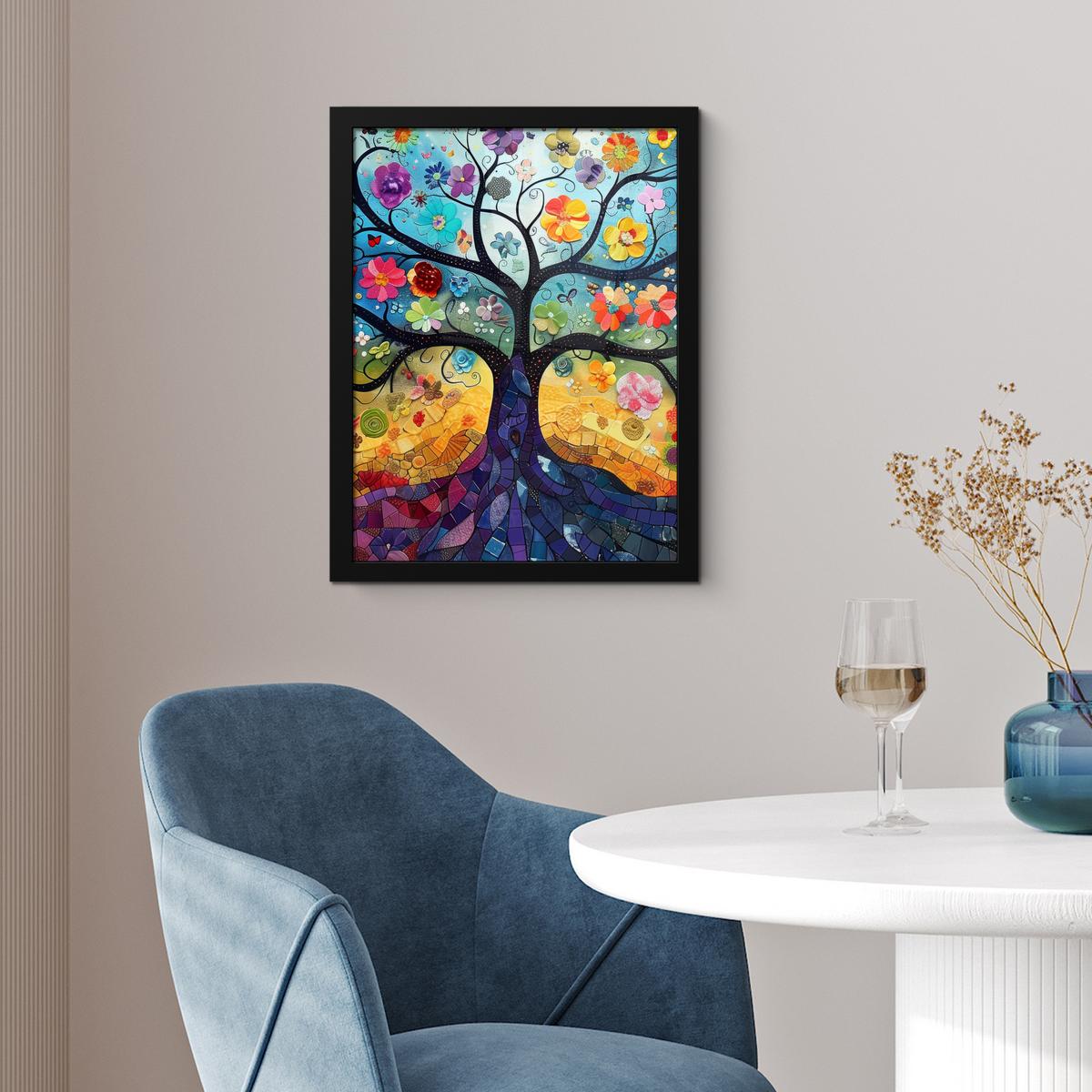 POSTER MIT RAHMENGERAHMTES BILD Kunst - Baum des Lebens - Blumen - Hippie Bilderrahmen 30x40 cm - Dunkelblau, Papier (30/40cm) - MuchoWow
