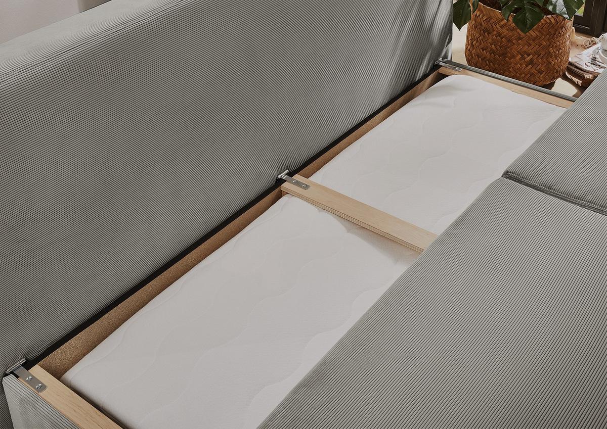 DAUER-SCHLAFSOFA Federkern Topper Bettkasten B201/T110/H88 cm, Liegefläche 160x200 cm, Feincord Hellgrau / 15152 - Wildeiche/Eiche Bianco, Holz/Textil (201/88/110cm) - luma-home