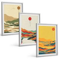 BILDER SET 3er Set - 40x60 cm Silberner Rahmen - Farbenfrohe Muster der Japandi-Flussberge - Silberfarben, Kunststoff (40/60cm) - TULUP