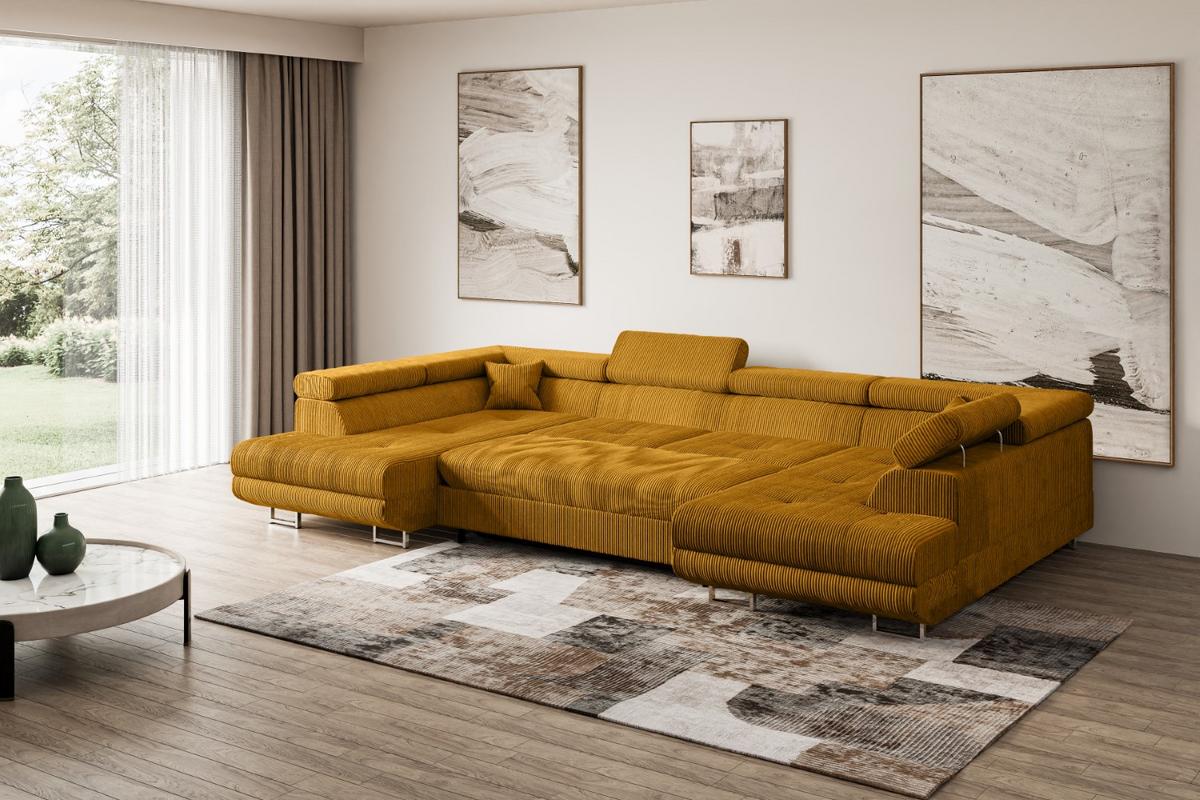 WOHNLANDSCHAFT mit Schlaffunktion und Bettkasten GUSA-U 342x202x107 cm Senfgelb Cord - Gelb/Silberfarben, Holzwerkstoff/Textil (342/107/202cm) - ALTDECOR