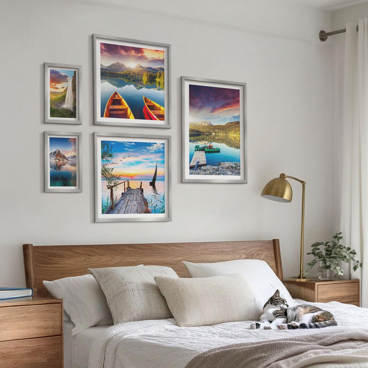 BILDER SET 5er Set - 50x50 cm & 20x30 cm & 40x60 cm Silberner Rahmen - Seen- und Berglandschaft Łódź - Silberfarben, Kunststoff (40/60cm) - TULUP