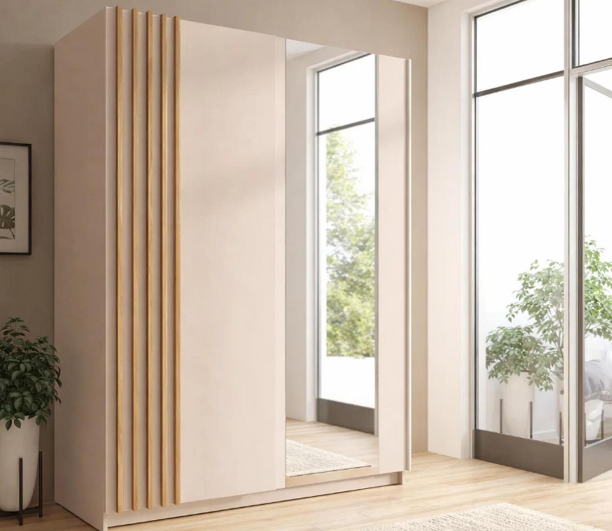 KLEIDERSCHRANK Beralto Beige 150/198,5/63,5 cm – mit Spiegel und Lamellenfront - Beige, Holzwerkstoff (150/198.5/63.5cm) - AX Living