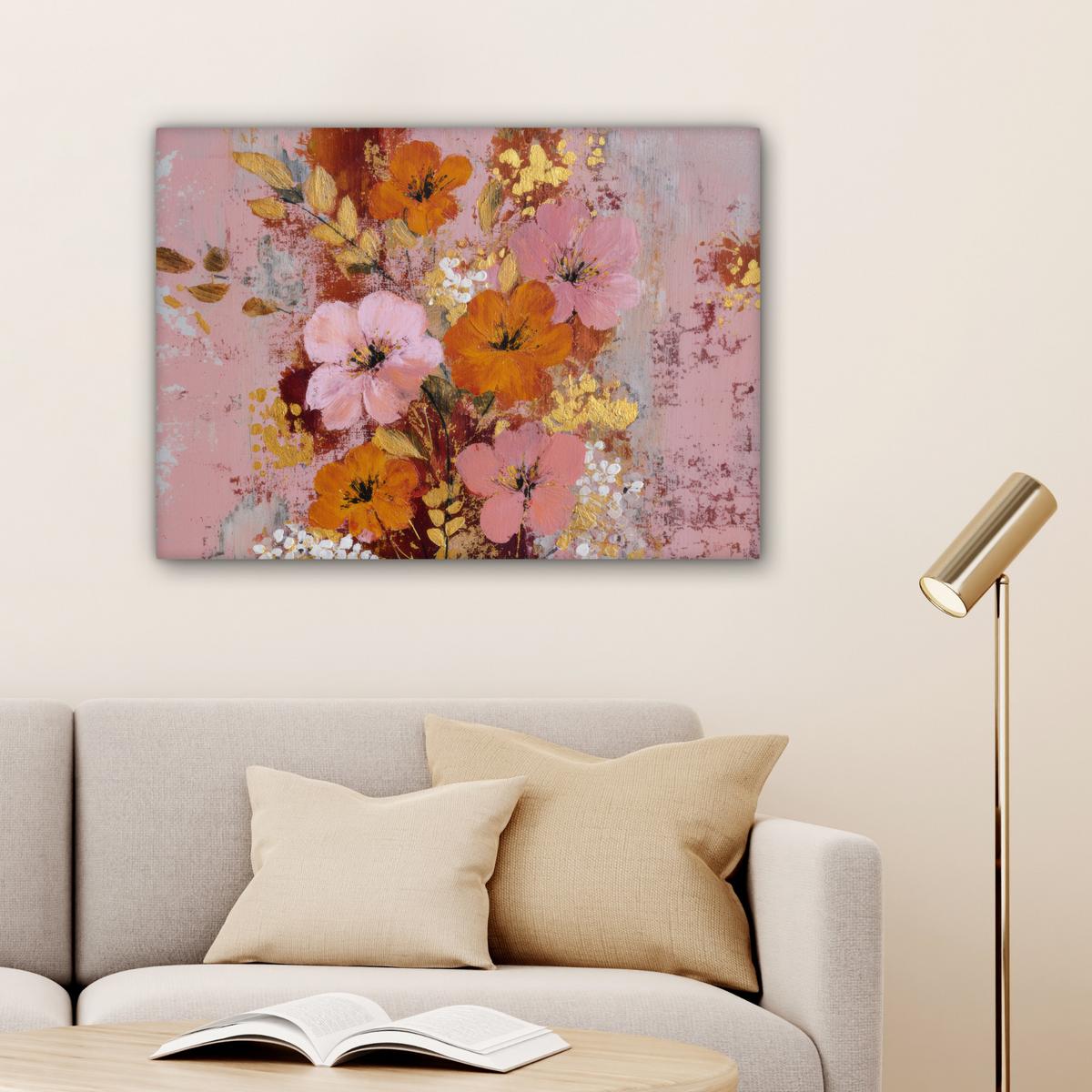 LEINWANDBILD Malerei - Blumen - Rustikal - Rosa Wandbilder 80x60 cm - Altrosa, Textil (80/60cm) - MuchoWow
