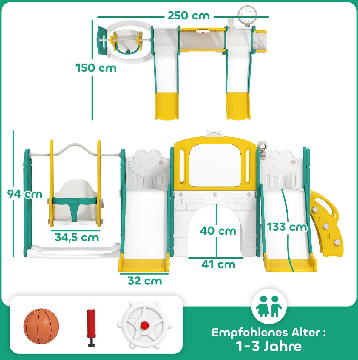 KINDERRUTSCHE 9-in-1 für Kleinkinder, Frosch-Design, Gelb+Grün - Gelb, Kunststoff (150/94/250cm) - AIYAPLAY