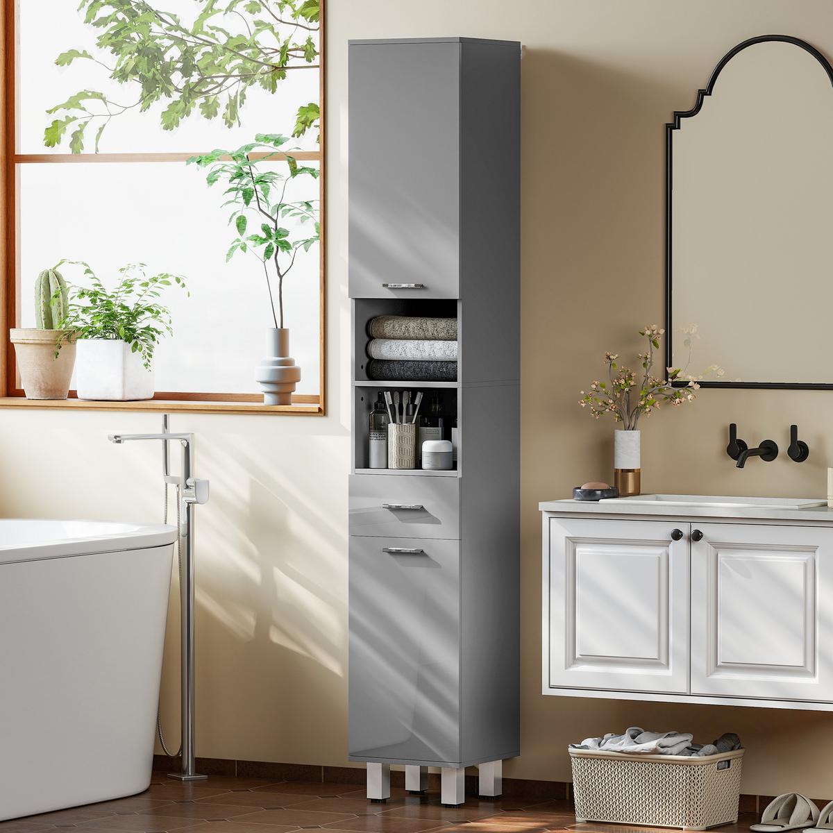 BADEZIMMERSCHRANK Spanplatte Grau - Alufarben/Grau, Holzwerkstoff/Kunststoff (30/180/30cm) - Kleankin