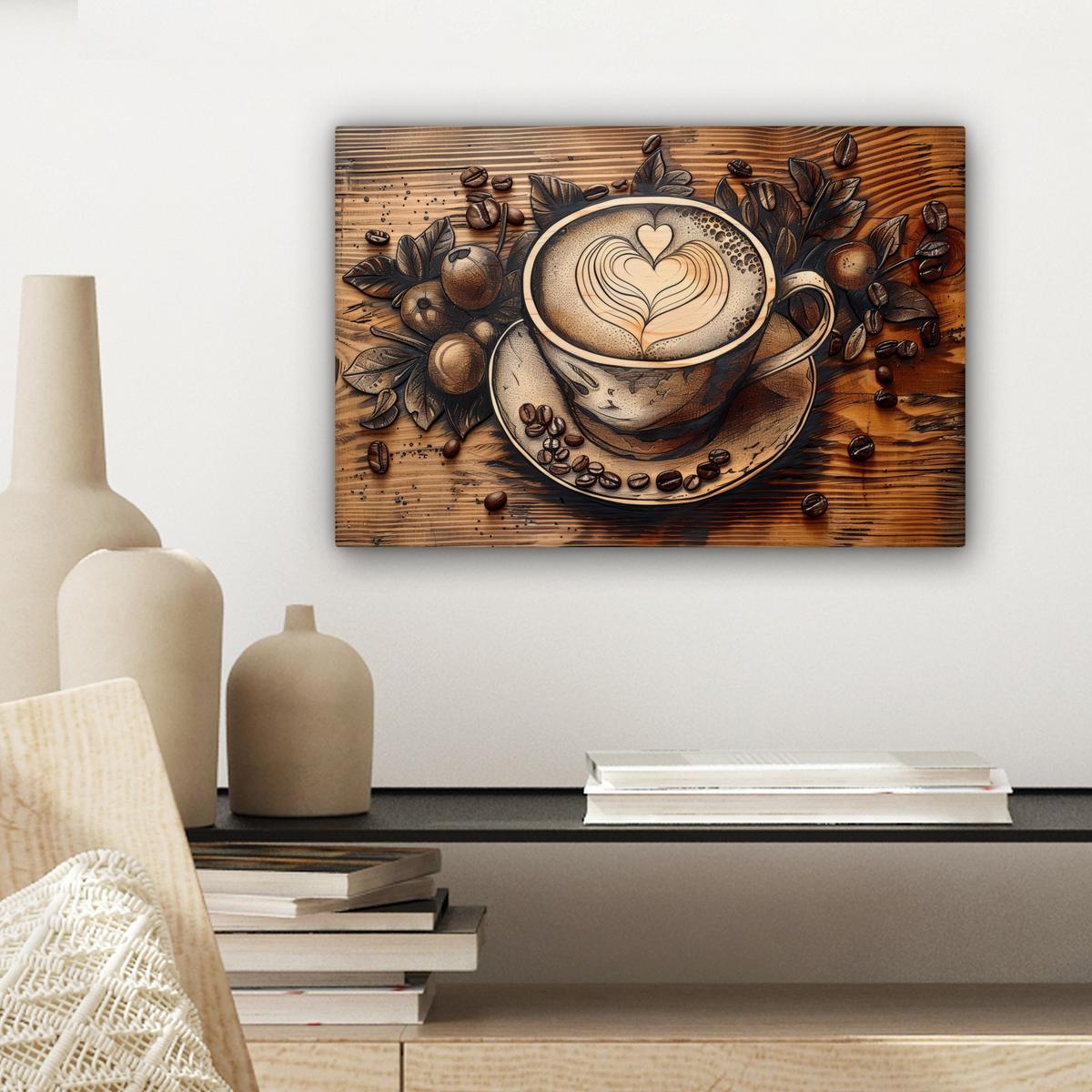 LEINWANDBILD Kaffee - Vintage - Braun - Tasse - Holz Deko Schlafzimmer 30x20 cm - Braun, Textil (30/20cm) - MuchoWow
