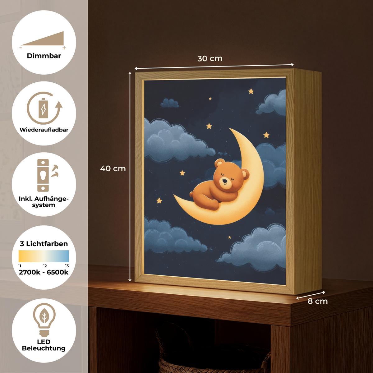 WANDLEUCHTE MIT AKKU Teddybär - Mond - Wolken - Sterne 30x40 cm - Dunkelblau, Holzwerkstoff (30/40/8cm) - OnlyWow