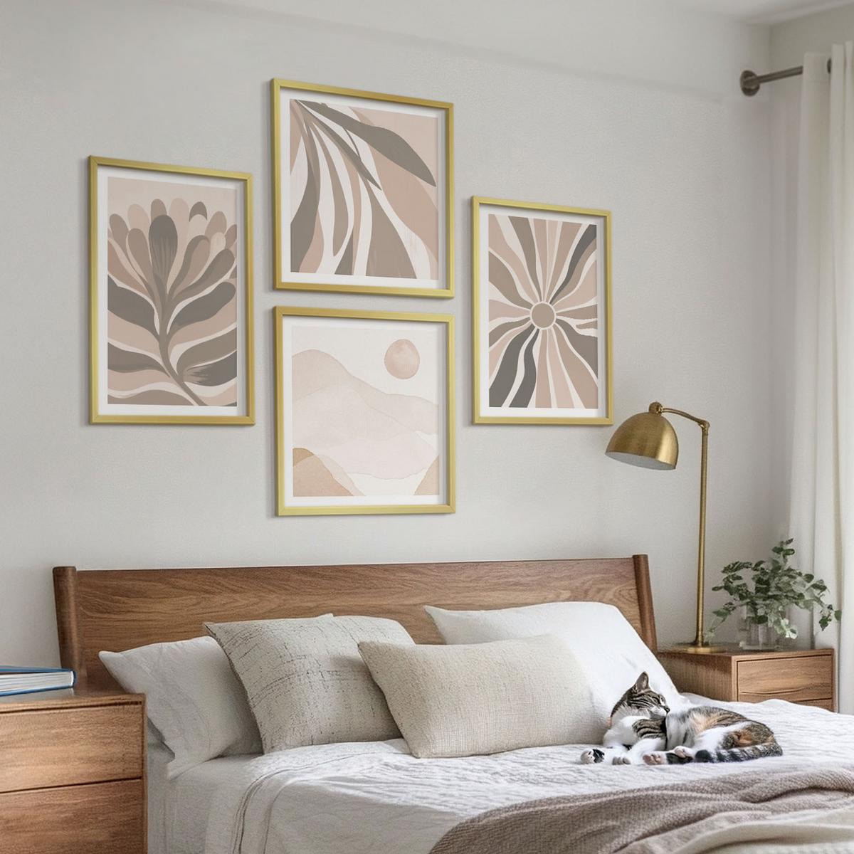 BILDER SET 4er Set - 50x50 cm & 40x60 cm Goldrahmen - Abstrakte Pflanzenmuster - Goldfarben, Kunststoff (50/50cm) - TULUP