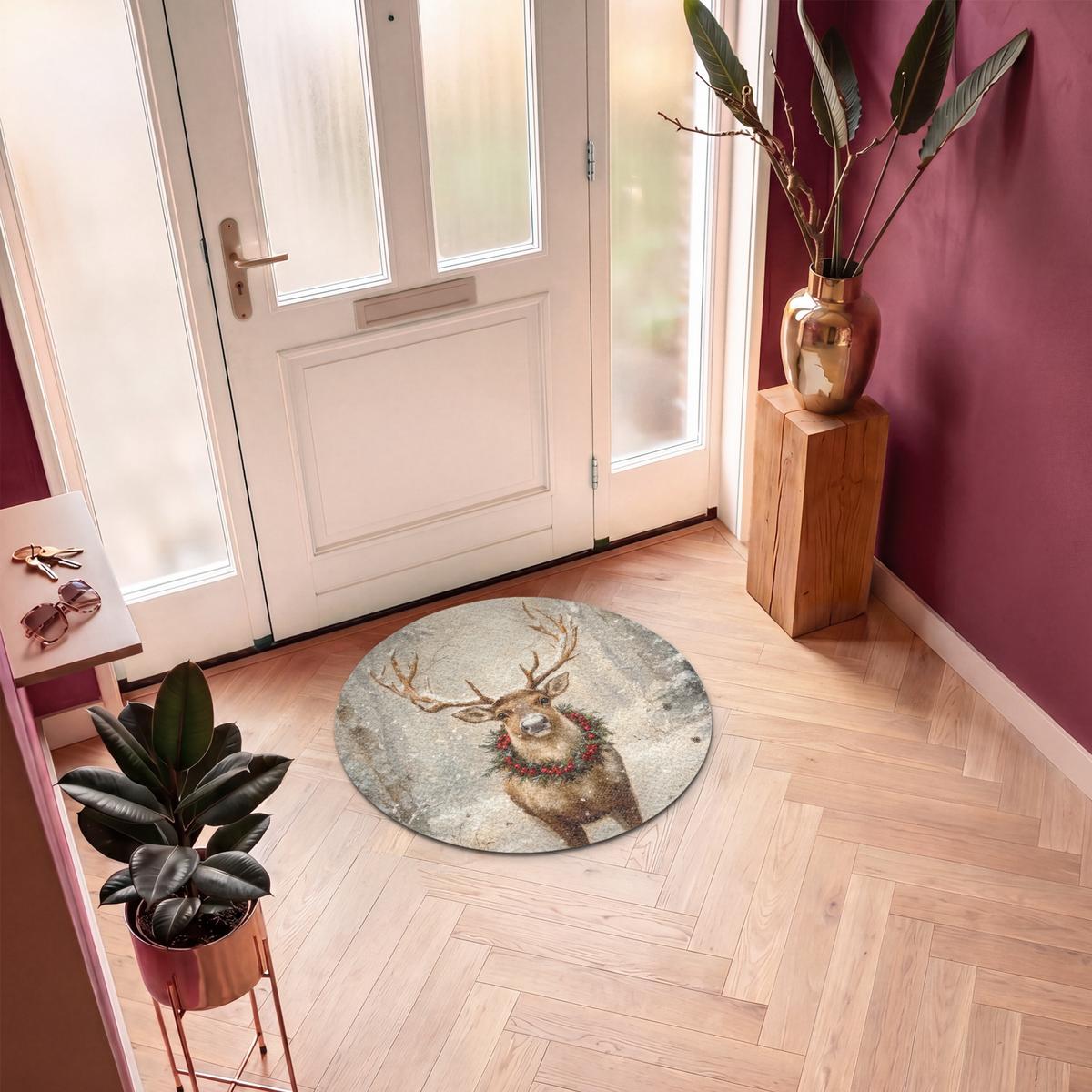 FUSSMATTE Weihnachten - Rentier - Winter - Kranz Flurteppich 90x90 cm - Braun, Kunststoff (90/0.4cm) - MuchoWow