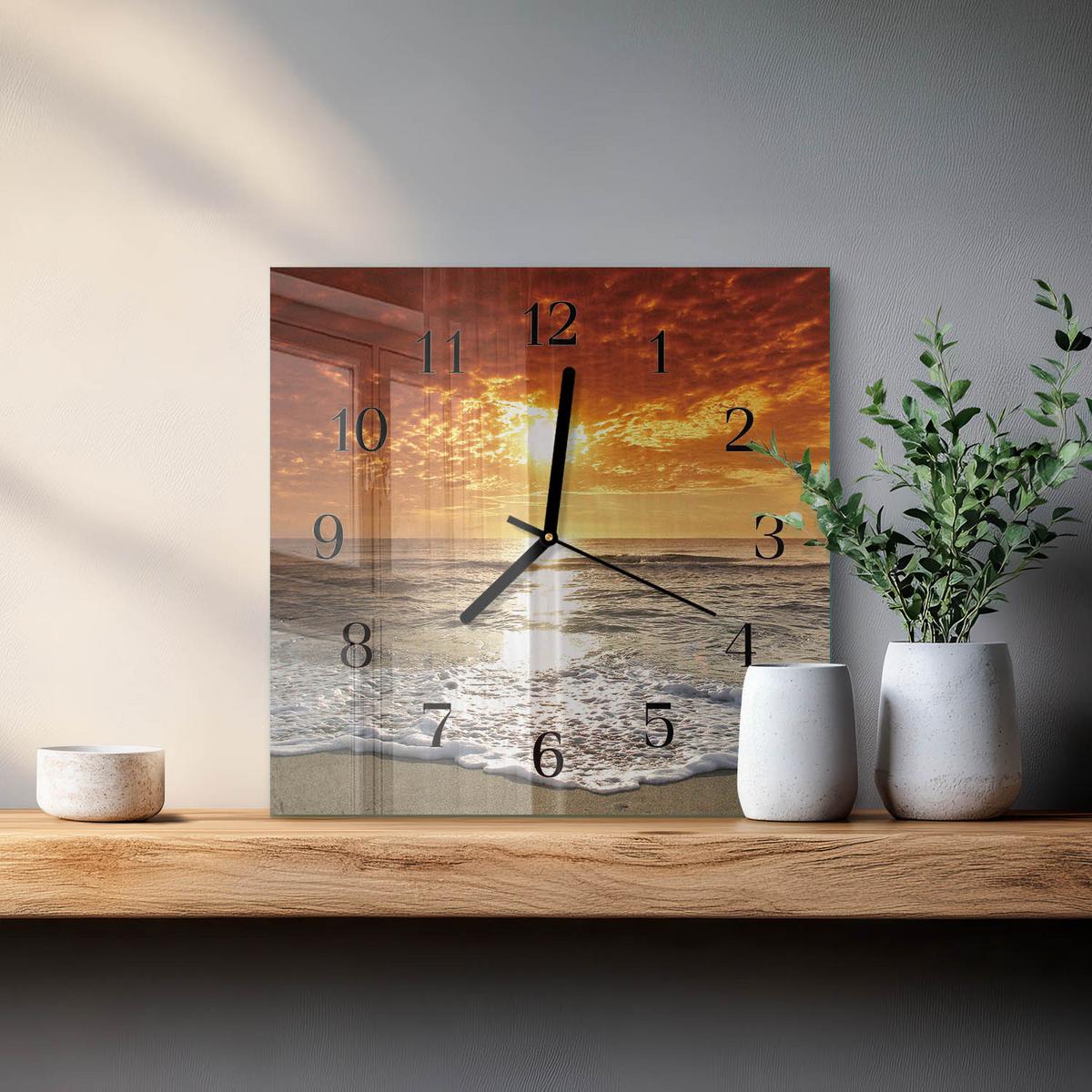 WANDUHR aus Glas 30x30 cm - Strand Meer - Orange, Glas (30/30/0.4cm) - TULUP