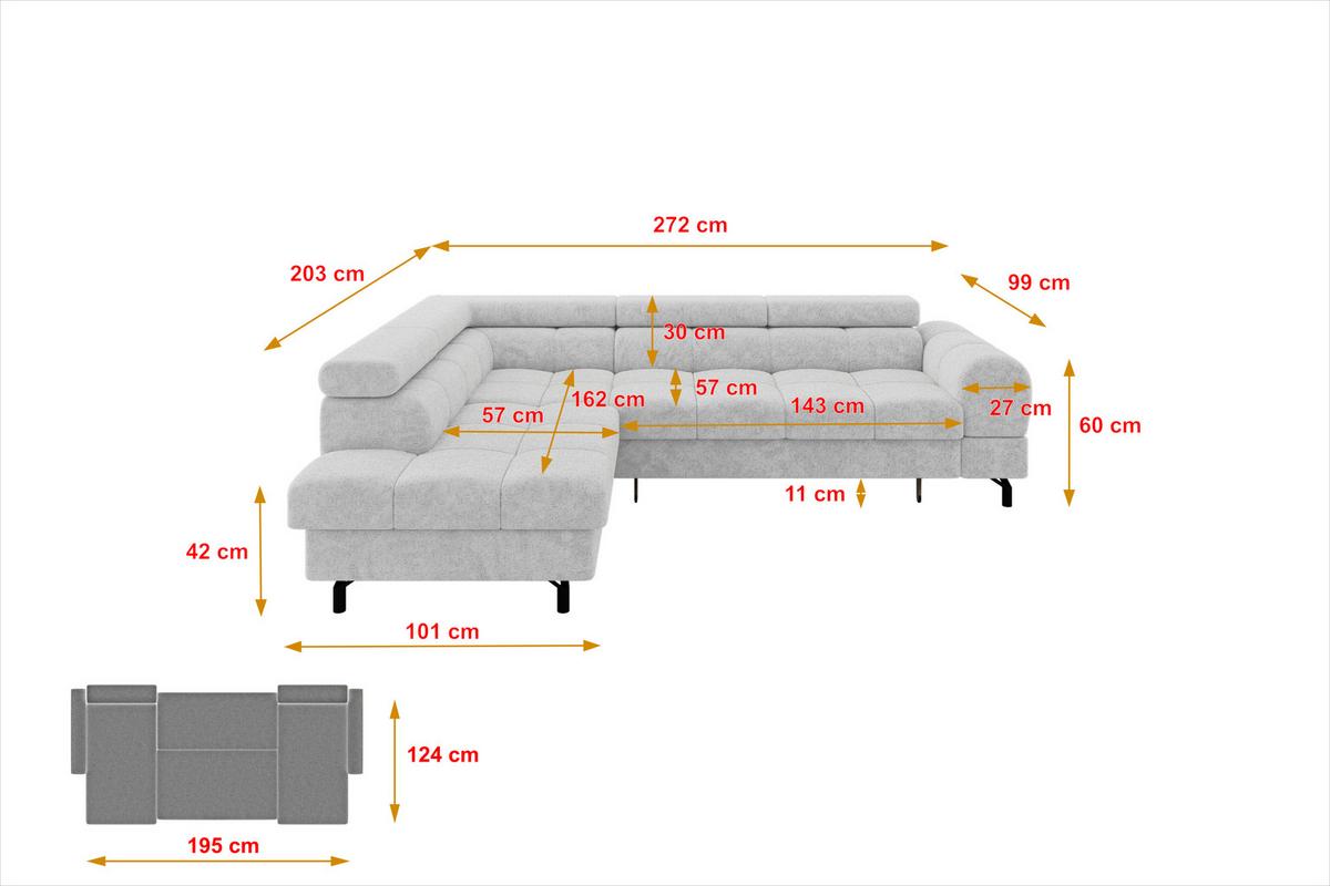 ECKSOFA mit Schlaffunktion Ottomane Links LUMA-L 272x203x70 Grau Velours - Schwarz/Grau, Holzwerkstoff/Kunststoff (272/203cm) - ALTDECOR